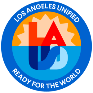 A blue circle with the words los angeles unified ready for the world in it.