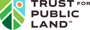 A green background with the words trust public land written in brown.