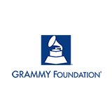 A blue and white logo for the grammy foundation.