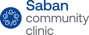 A green background with blue letters that say " saban community clinic ".